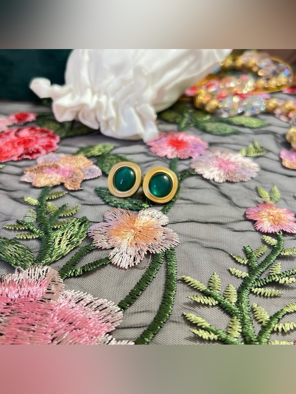 AUTH YSL Pierced Earrings • Emerald Green Gripoix GP by YVES SAINT LAURENT